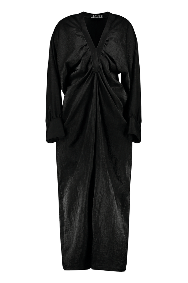 BLACK V NECK GATHERED DRESS