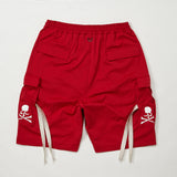RED POLYESTER CARGO SHORTS