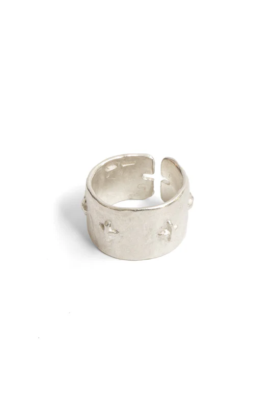 thick silver stitched multiple cross ring