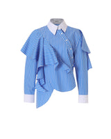 BLUE STRIPE ASYMMETRIC RUFFLE BLOUSE