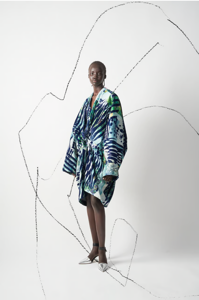 “MIXED MEDIA” PRINT / DOUBLE CLOTH DRAPE DRESS