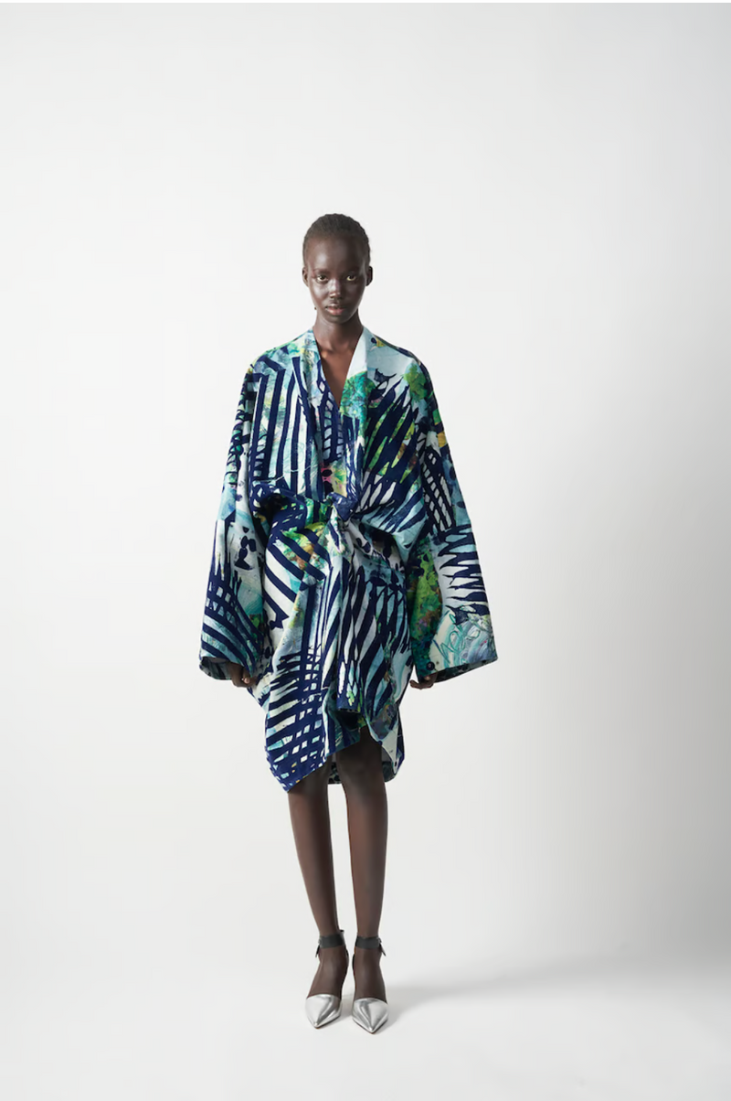 “MIXED MEDIA” PRINT / DOUBLE CLOTH DRAPE DRESS