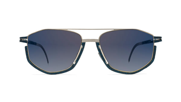 SKY BLUE LINEN ON STAINLESS STEEL ROUNDED SUNGLASSES