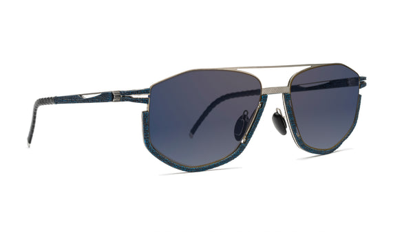 SKY BLUE LINEN ON STAINLESS STEEL ROUNDED SUNGLASSES