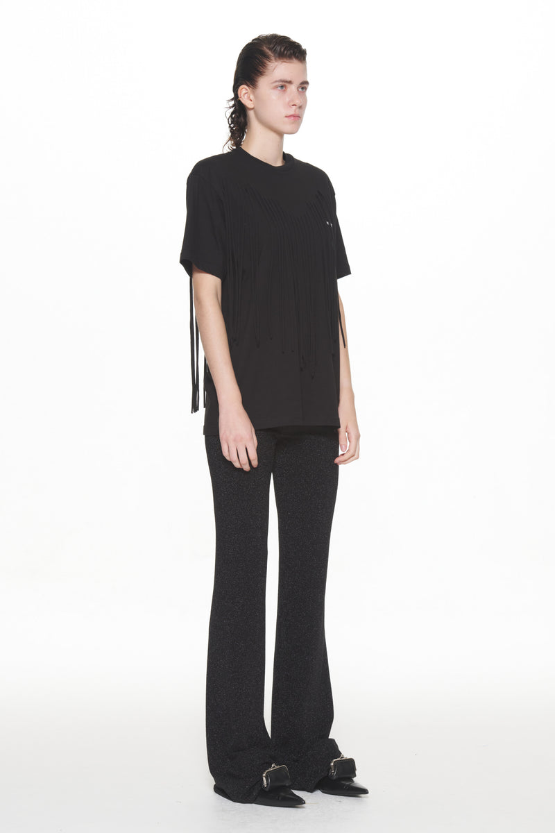 BLACK GLITTER JERSEY FLARE PANTS