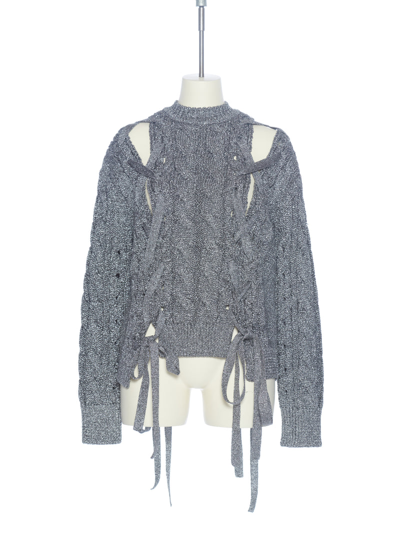 METAL RIBBON TIE KNIT PULLOVER