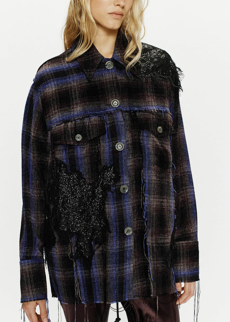 LONG WORKER JACKET VELVET TARTAN CHECK