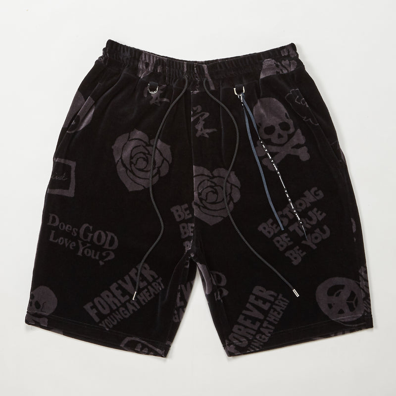CHARCOAL ALL-OVER DESIGN VELOUR SHORTS