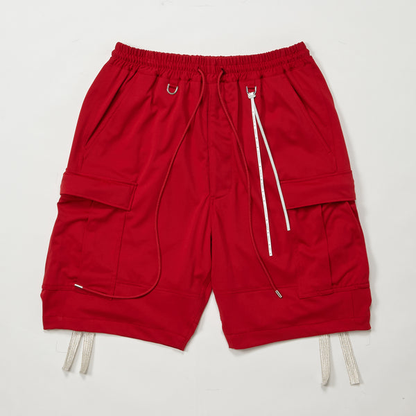 RED POLYESTER CARGO SHORTS